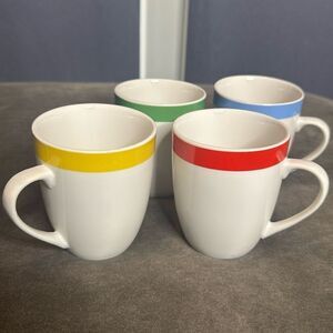Vremi Feasting Time Coffee Tea Mugs 12oz White Porcelain Colored Stripe NEW